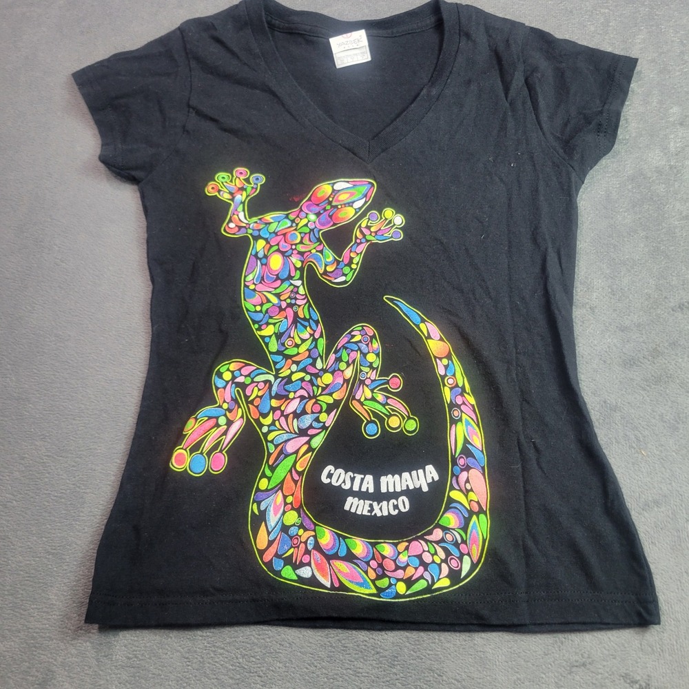 Yazbek T-Shirt Girls Small Black Costa Maya Mexico Psychedelic Gecko V-Neck‎ Tee